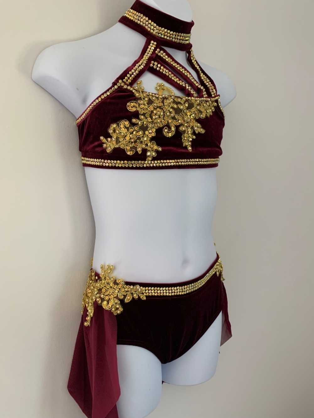 Child's Maroon Velvet Dance Costume: Gold Rhinestone Appliqués - Picture 3 of 7